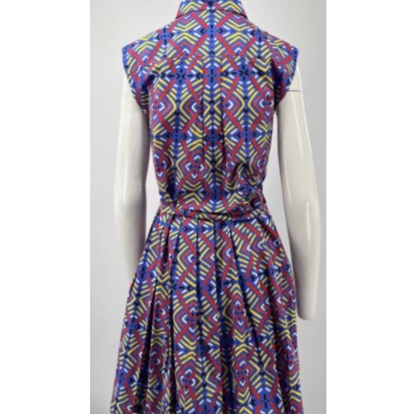 Eliza Christoph Blue Sleeveless Pleated Belted Multicolor Print Shirt Dress sz M - Picture 3 of 5